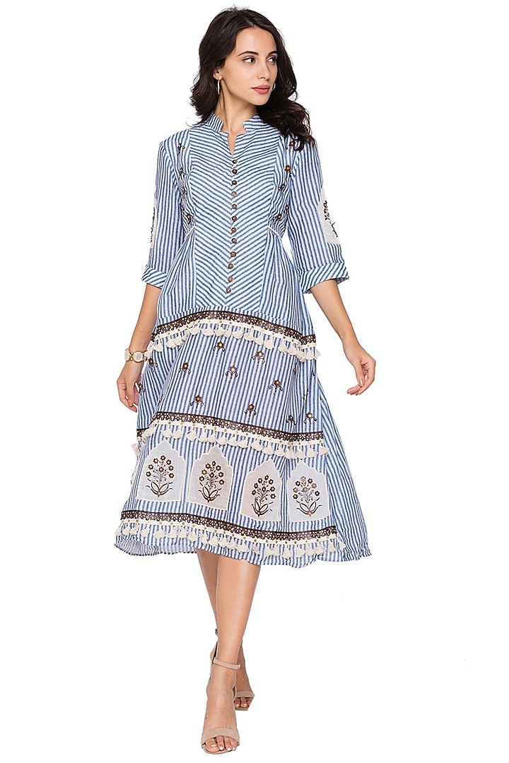Powder Blue Printed Tiered Dress by Soup by Sougat Paul