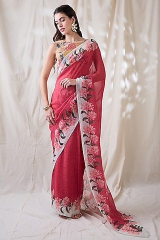 Pink Organza Embellished Pre-Stitched Saree Set by Soup by Sougat Paul