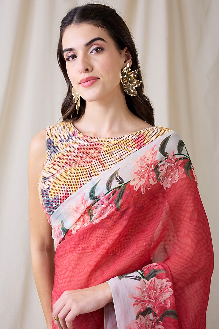 Pink Organza Embellished Pre-Stitched Party Wear Saree Set by Soup by Sougat Paul at Pernia's Pop Up Shop