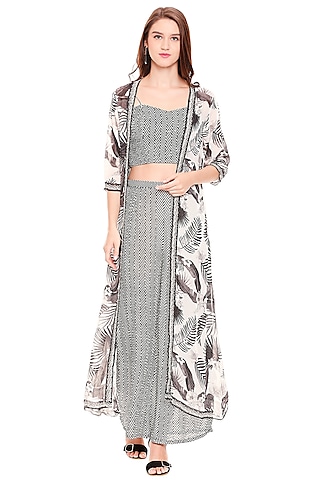 Black & Off White Jacket Set With Print by Soup by Sougat Paul