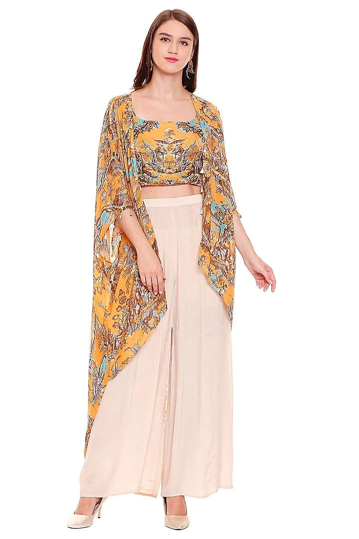 Mustard Yellow Printed Crop Top With Cape & Pants by Soup by Sougat Paul