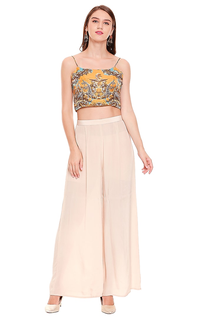 Mustard Yellow Printed Crop Top With Cape & Pants by Soup by Sougat Paul at Pernia's Pop Up Shop