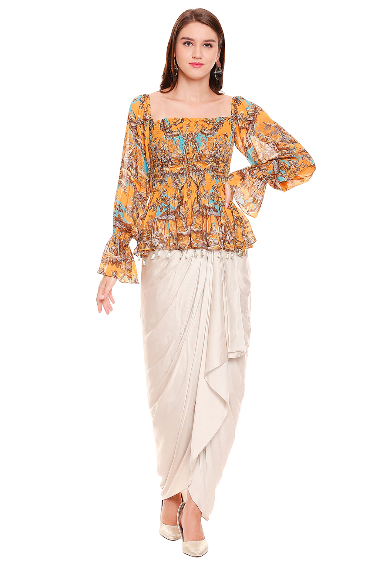 Mustard Yellow Printed Top With Dhoti Skirt by Soup by Sougat Paul at Pernia's Pop Up Shop