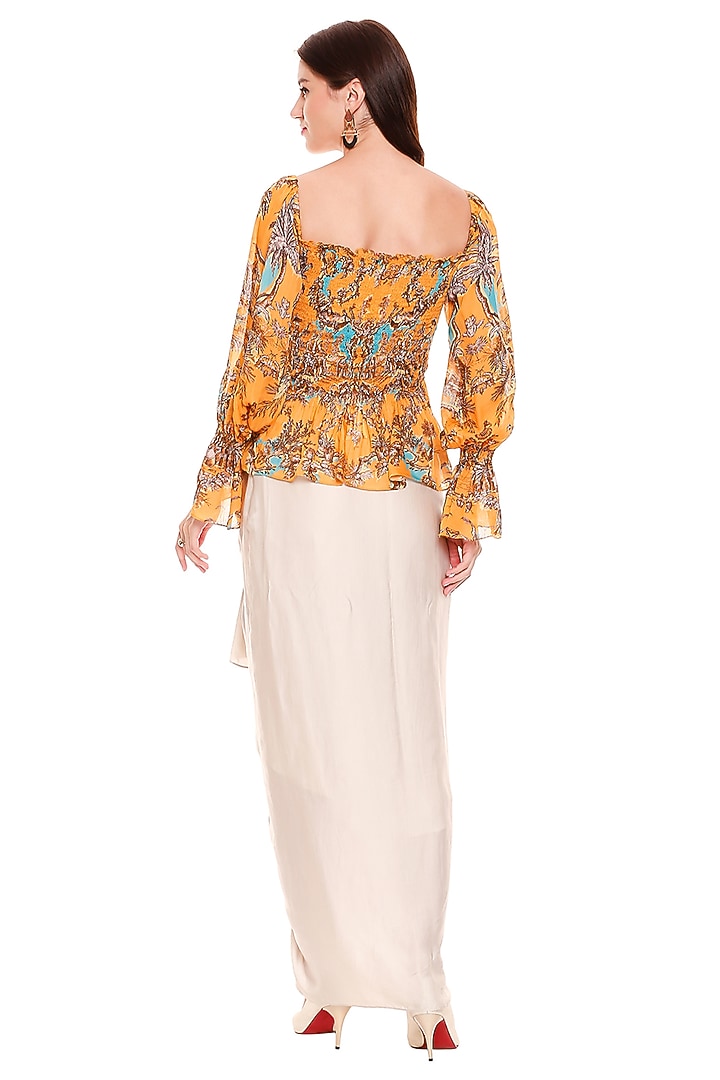 Mustard Yellow Printed Top With Dhoti Skirt by Soup by Sougat Paul at Pernia's Pop Up Shop