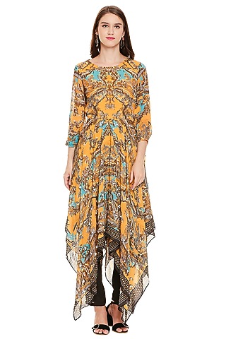 Mustard Yellow Printed Top With Pants by Soup by Sougat Paul