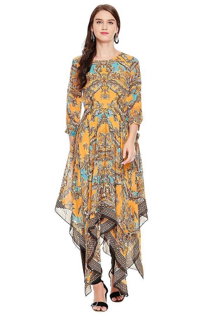 Mustard Yellow Printed Top With Pants by Soup by Sougat Paul at Pernia's Pop Up Shop