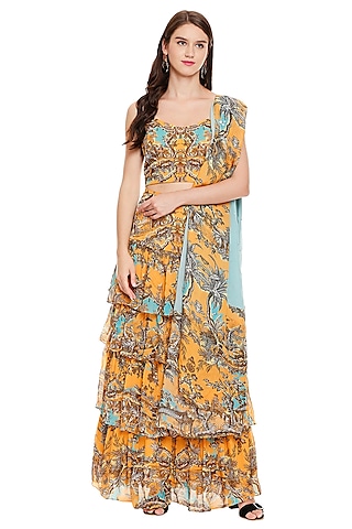 Mustard Yellow & Beige Printed Pants Set by Soup by Sougat Paul