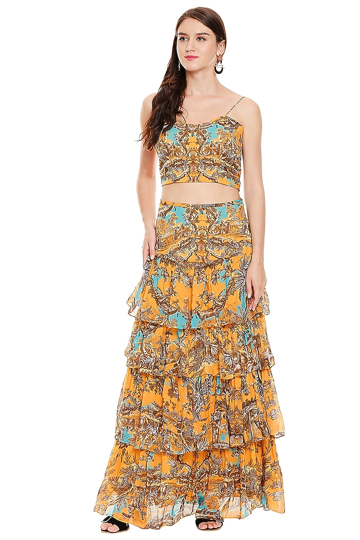 Mustard Yellow & Beige Printed Pants Set by Soup by Sougat Paul at Pernia's Pop Up Shop