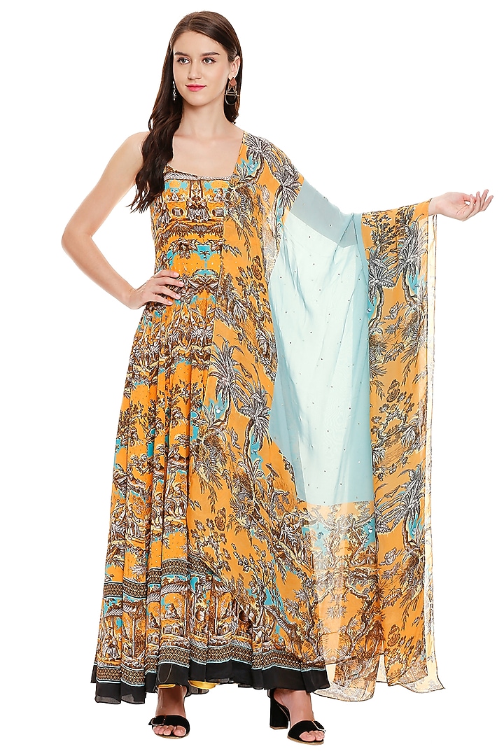 Mustard Yellow Printed Party Wear Anarkali With Dupatta by Soup by Sougat Paul at Pernia's Pop Up Shop