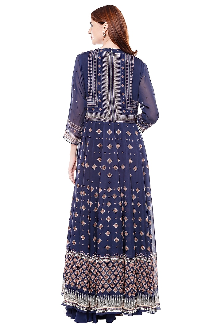 Blue Printed Crop Top With Pants & Jacket by Soup by Sougat Paul at Pernia's Pop Up Shop