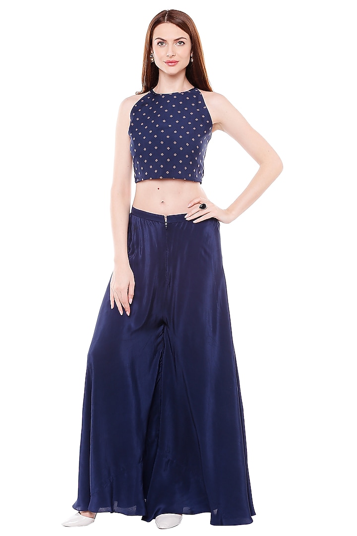 Blue Printed Crop Top With Pants & Jacket by Soup by Sougat Paul at Pernia's Pop Up Shop