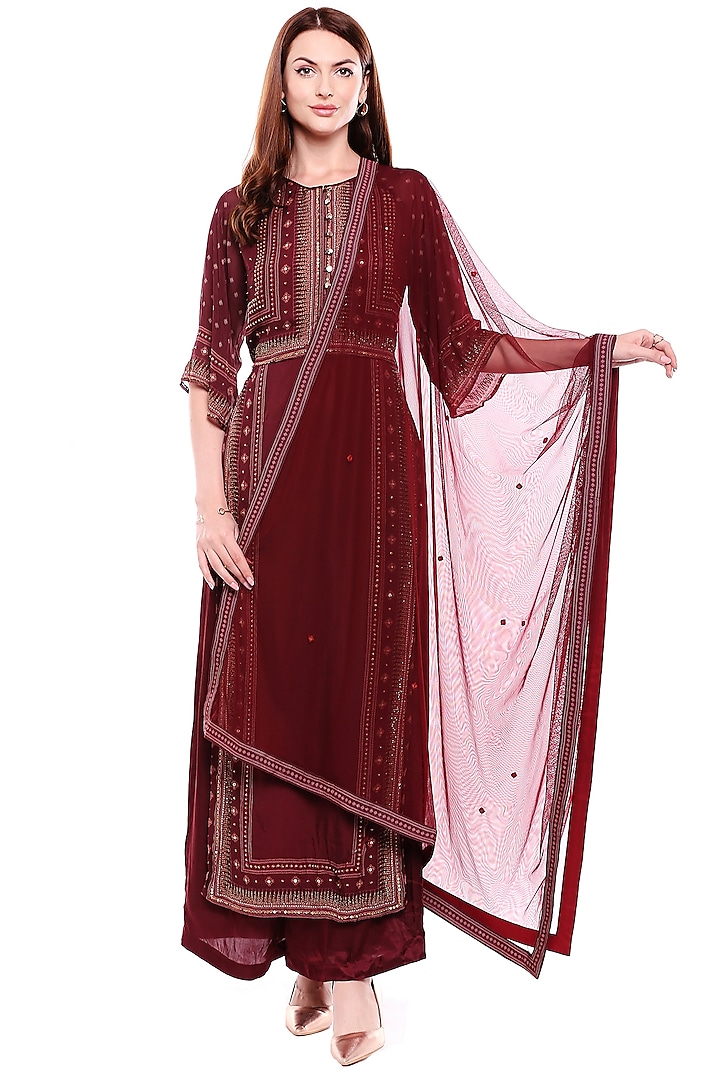 Maroon Printed & Embroidered Kurta Set by Soup by Sougat Paul