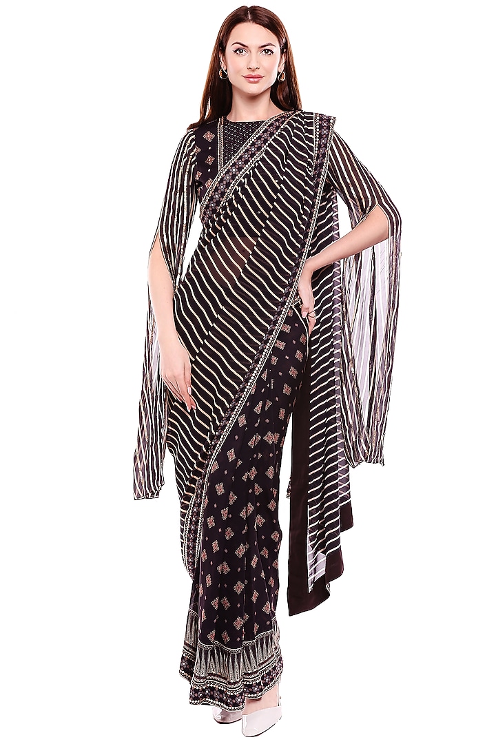 Black Printed Party Wear Saree Set by Soup by Sougat Paul at Pernia's Pop Up Shop