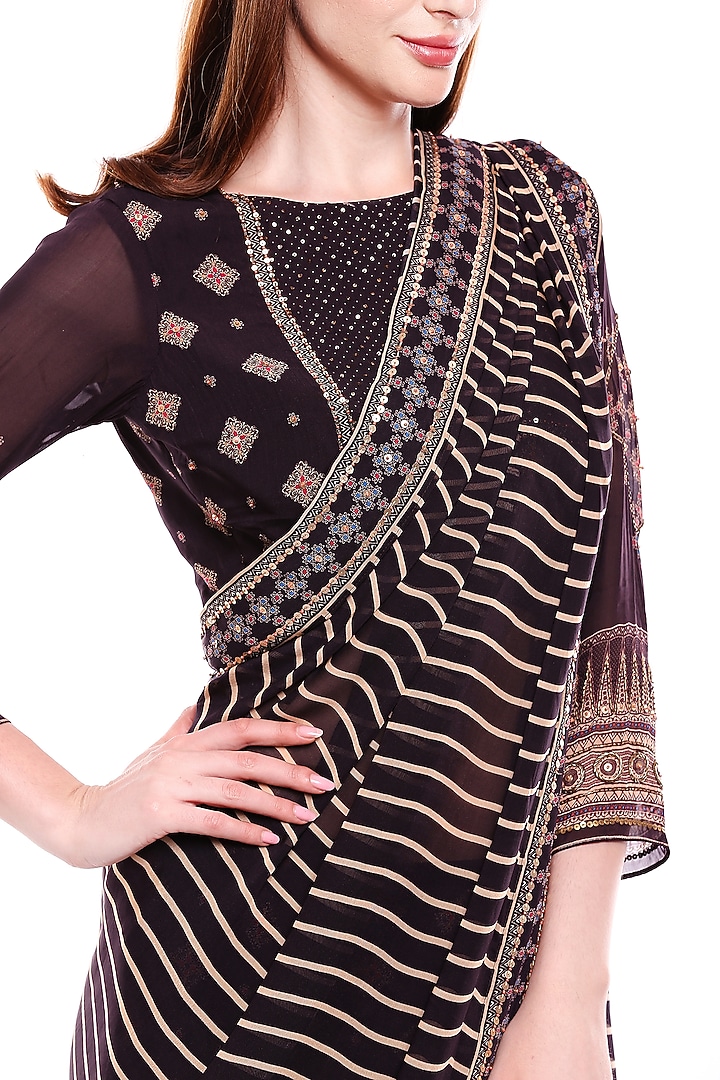 Brown Chiffon Printed Party Wear Saree Set by Soup by Sougat Paul at Pernia's Pop Up Shop