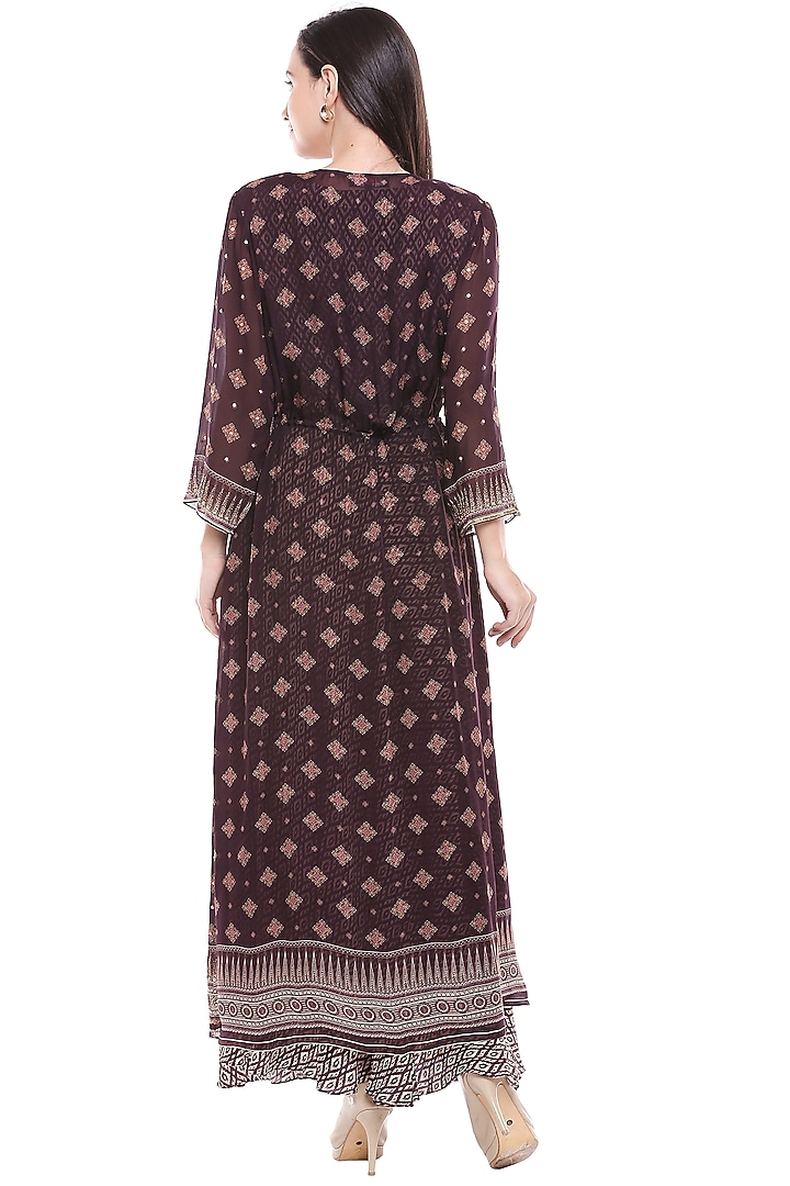 Brown Printed Flared Vacation Dress With Jacket by Soup by Sougat Paul at Pernia's Pop Up Shop
