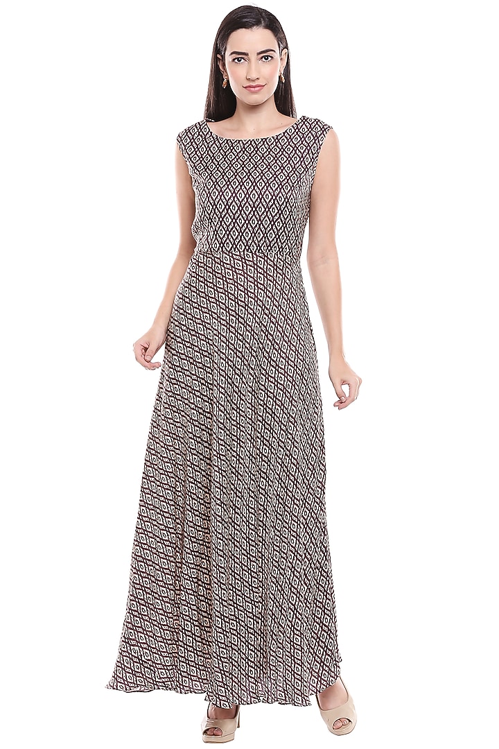 Brown Printed Flared Vacation Dress With Jacket by Soup by Sougat Paul at Pernia's Pop Up Shop