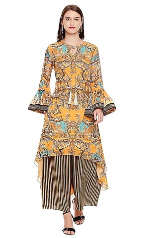 Mustard Yellow & Black Printed Top With Pants by Soup by Sougat Paul