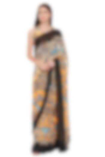 Mustard Yellow & Black Printed Pre-Stitched Saree Set by Soup by Sougat Paul