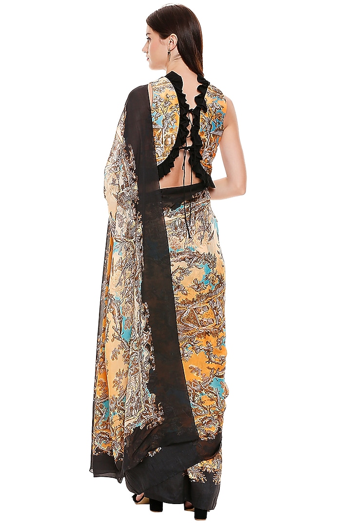 Mustard Yellow & Black Chiffon Printed Pre-Stitched Party Wear Saree Set by Soup by Sougat Paul at Pernia's Pop Up Shop
