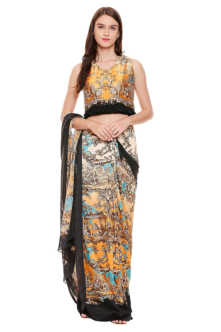 Mustard Yellow & Black Chiffon Printed Pre-Stitched Party Wear Saree Set by Soup by Sougat Paul at Pernia's Pop Up Shop