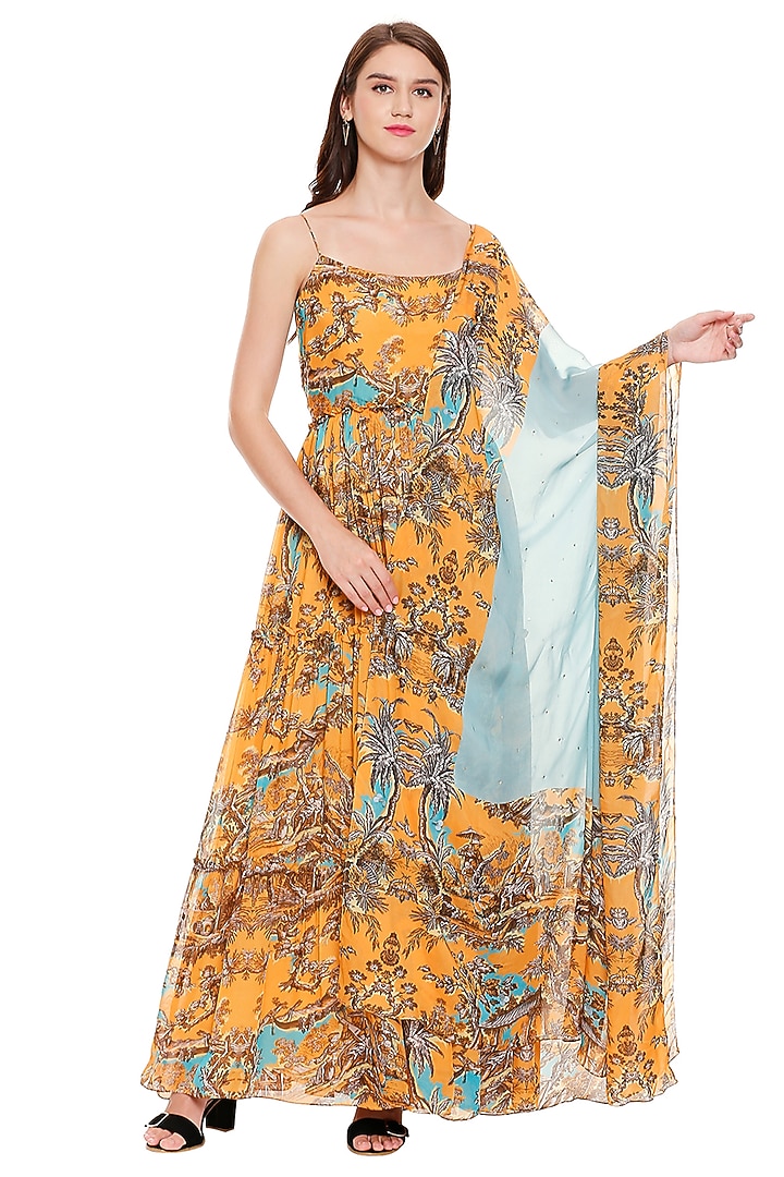 Mustard Yellow & Beige Gathered Vacation Dress With Dupatta by Soup by Sougat Paul at Pernia's Pop Up Shop
