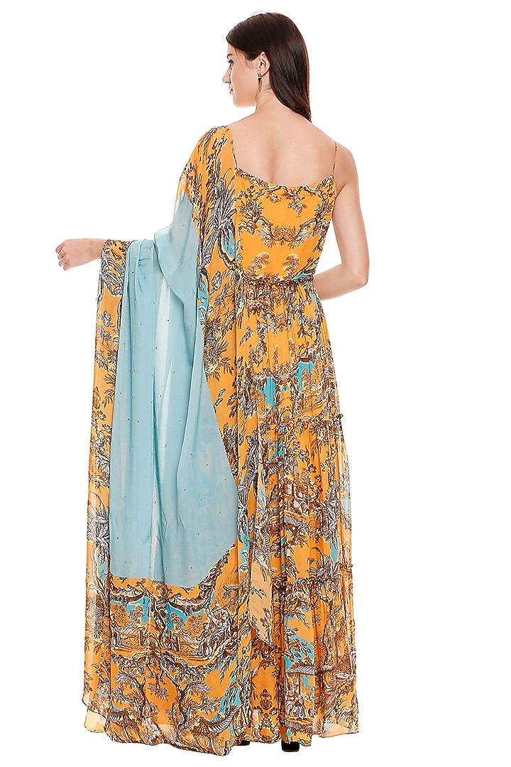 Mustard Yellow & Beige Gathered Vacation Dress With Dupatta by Soup by Sougat Paul at Pernia's Pop Up Shop