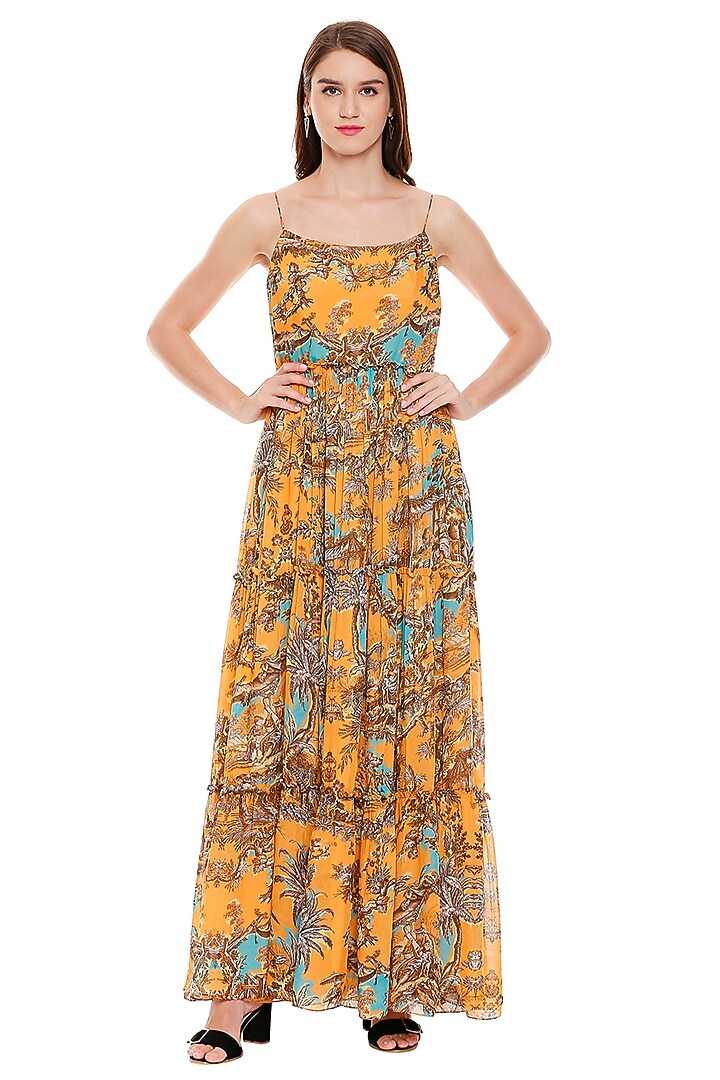Mustard Yellow & Beige Gathered Vacation Dress With Dupatta by Soup by Sougat Paul at Pernia's Pop Up Shop