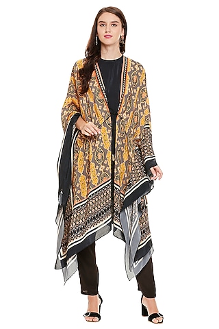 Black Printed Asymmetric Top With Pants by Soup by Sougat Paul