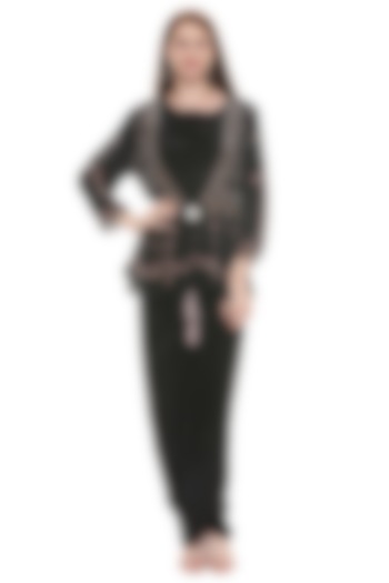 Black Embroidered Jacket With Printed Vacation Dress by Soup by Sougat Paul at Pernia's Pop Up Shop