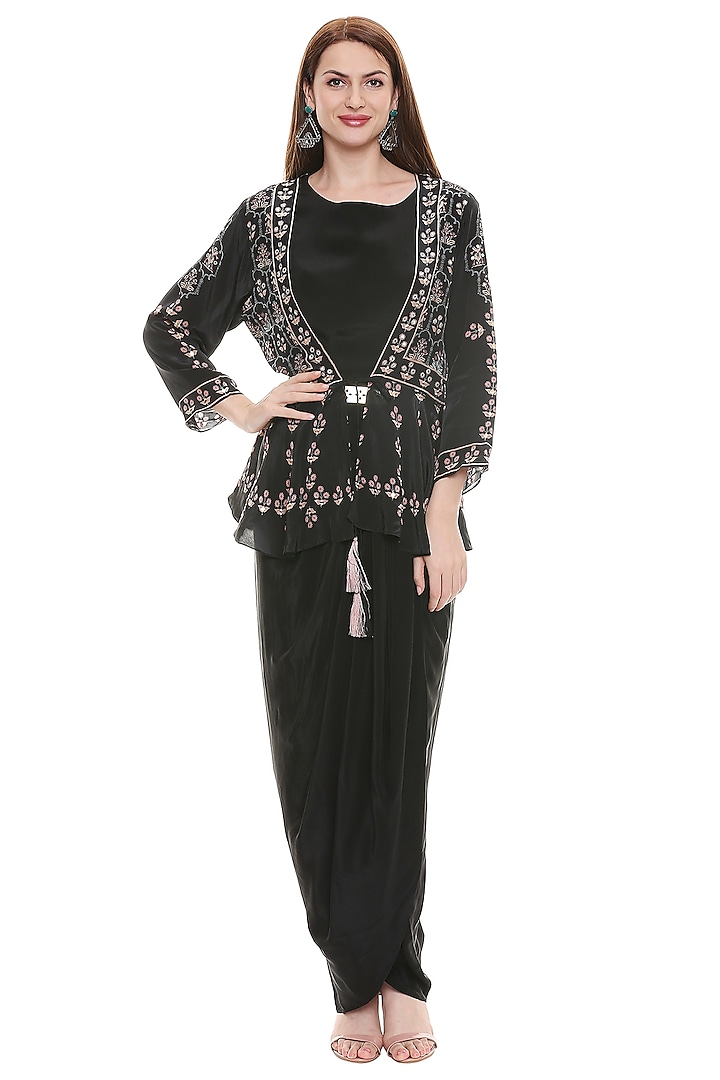 Black Embroidered Jacket With Printed Vacation Dress by Soup by Sougat Paul at Pernia's Pop Up Shop