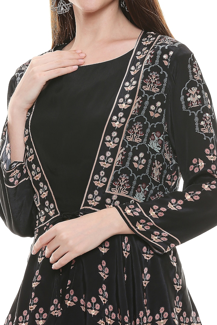Black Embroidered Jacket With Printed Vacation Dress by Soup by Sougat Paul at Pernia's Pop Up Shop