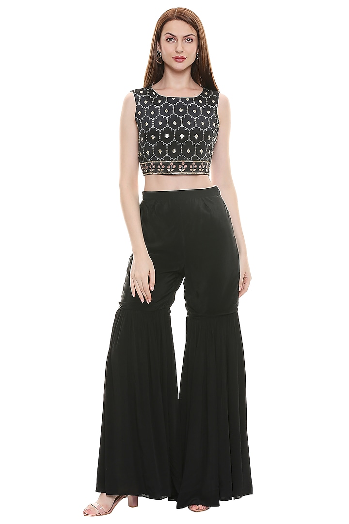 Black Printed & Embroidered Party Wear Sharara Set by Soup by Sougat Paul at Pernia's Pop Up Shop