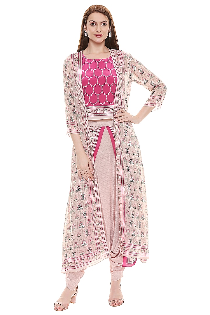 Dust Pink & Fuchsia Printed Jacket Set by Soup by Sougat Paul