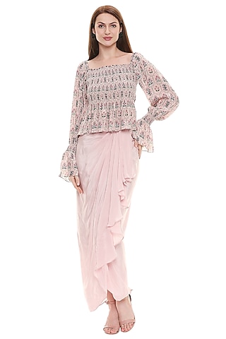 Dust Pink Draped Skirt Set by Soup by Sougat Paul