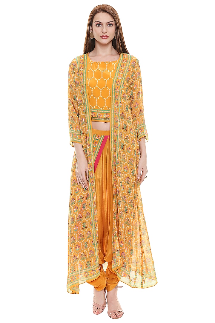 Mustard Embroidered & Printed Dhoti Set by Soup by Sougat Paul
