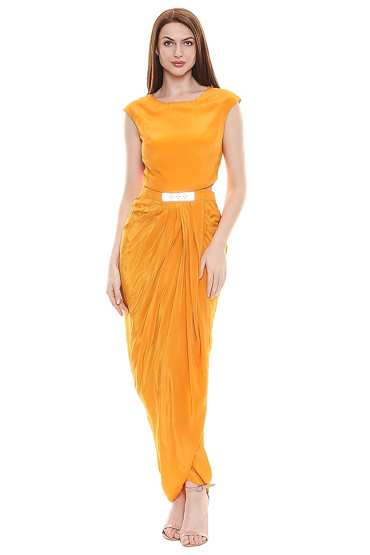 Mustard Draped Vacation Dress With Embroidered Jacket by Soup by Sougat Paul at Pernia's Pop Up Shop