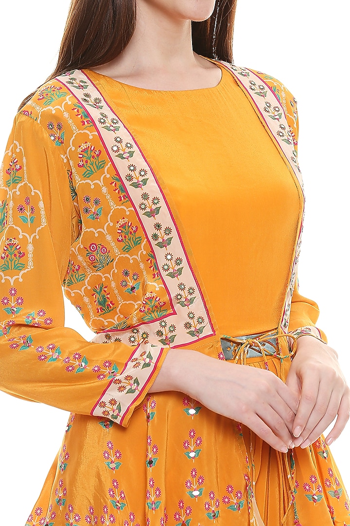 Mustard Draped Vacation Dress With Embroidered Jacket by Soup by Sougat Paul at Pernia's Pop Up Shop