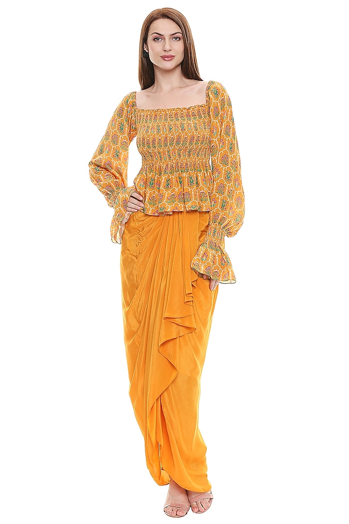 Mustard Draped Skirt Set by Soup by Sougat Paul at Pernia's Pop Up Shop