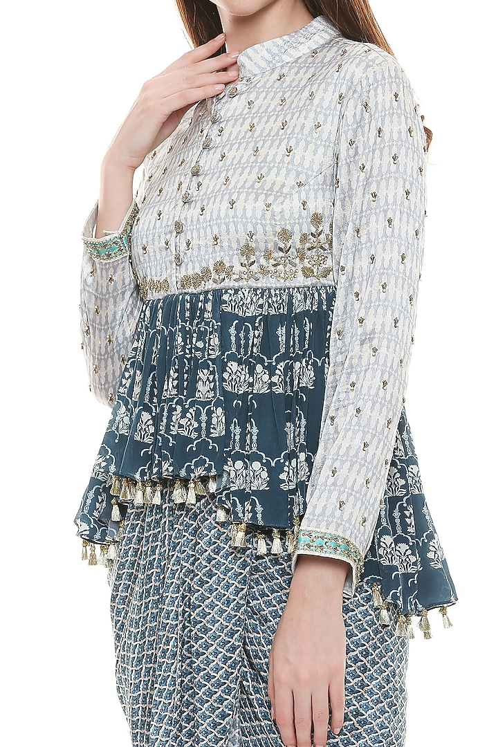 Cobalt Blue Draped Skirt With Embroidered Top by Soup by Sougat Paul at Pernia's Pop Up Shop
