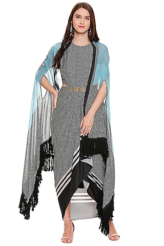 Black & Aqua Blue Draped Dress With Jacket by Soup by Sougat Paul