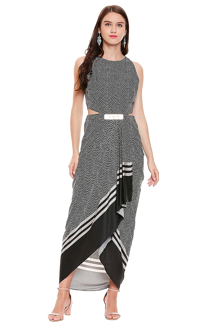Black & Aqua Blue Draped Vacation Dress With Jacket by Soup by Sougat Paul at Pernia's Pop Up Shop