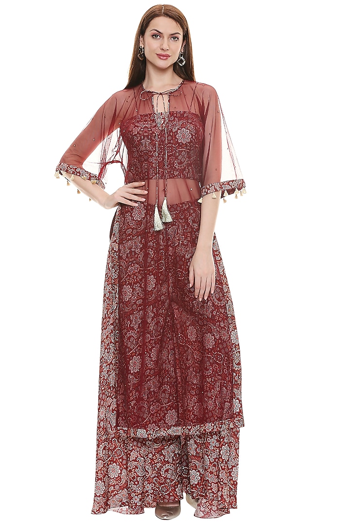 Maroon Printed Cape Set by Soup by Sougat Paul