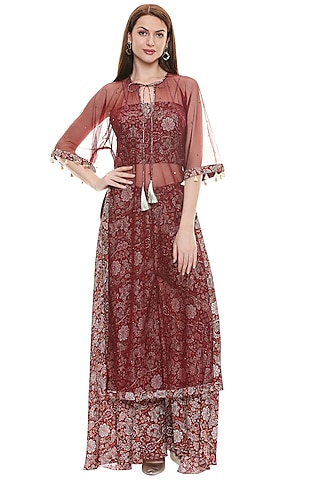 Maroon Printed Cape Set by Soup by Sougat Paul