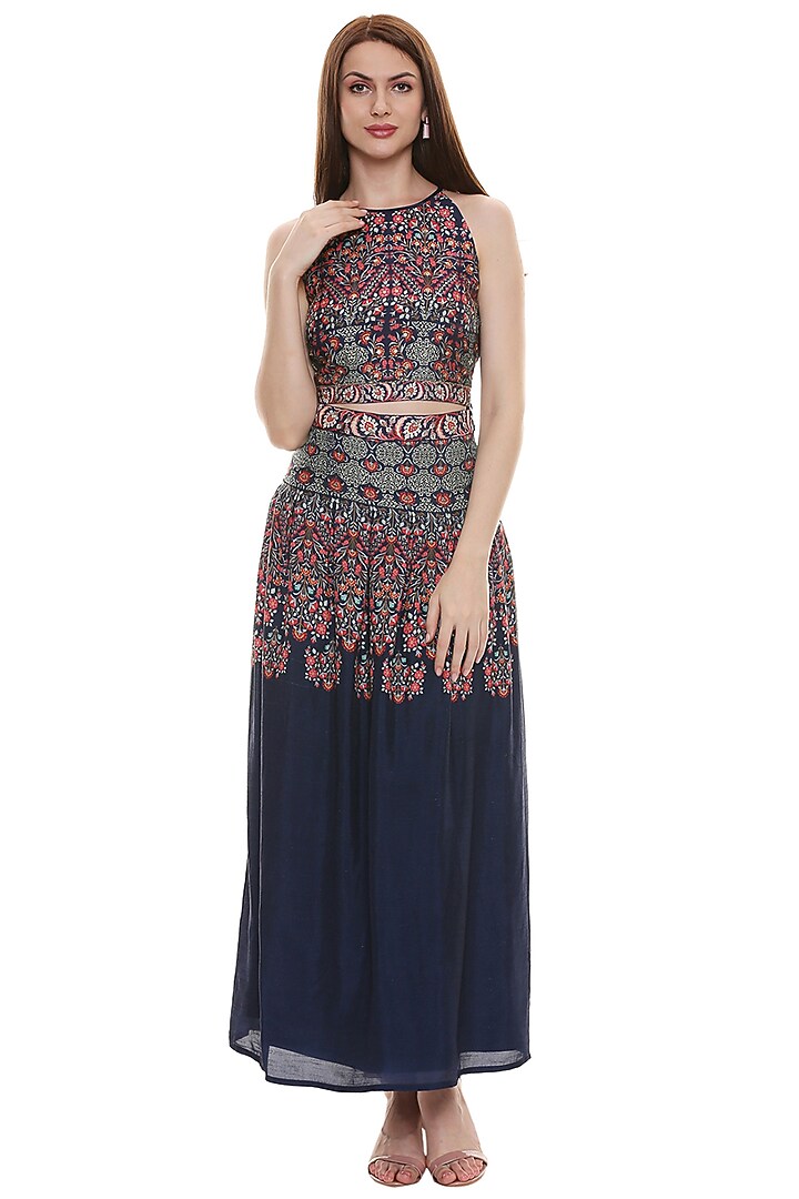 Persian Blue Printed Skirt Set by Soup by Sougat Paul at Pernia's Pop Up Shop