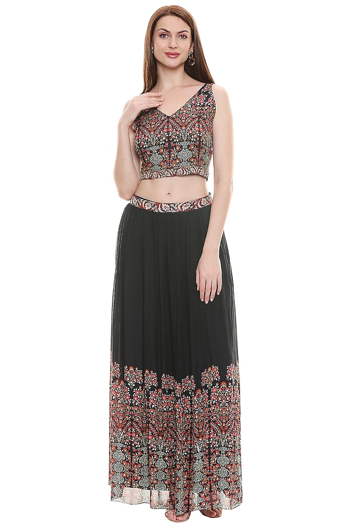 Black Printed Gathered Skirt Set by Soup by Sougat Paul at Pernia's Pop Up Shop