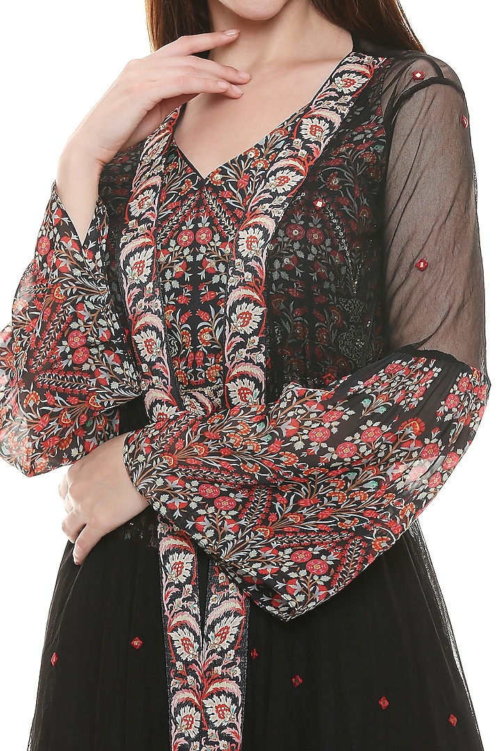 Black Printed Gathered Skirt Set by Soup by Sougat Paul at Pernia's Pop Up Shop