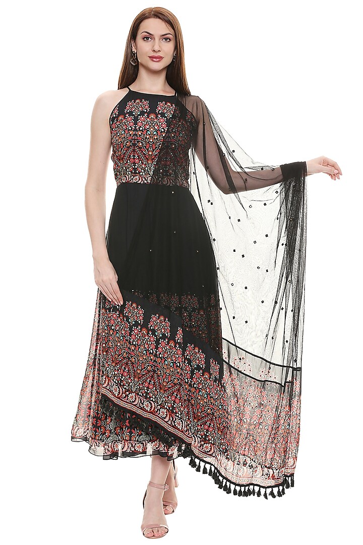Black Printed Anarkali With Dupatta by Soup by Sougat Paul