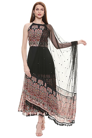 Black Printed Anarkali With Dupatta by Soup by Sougat Paul