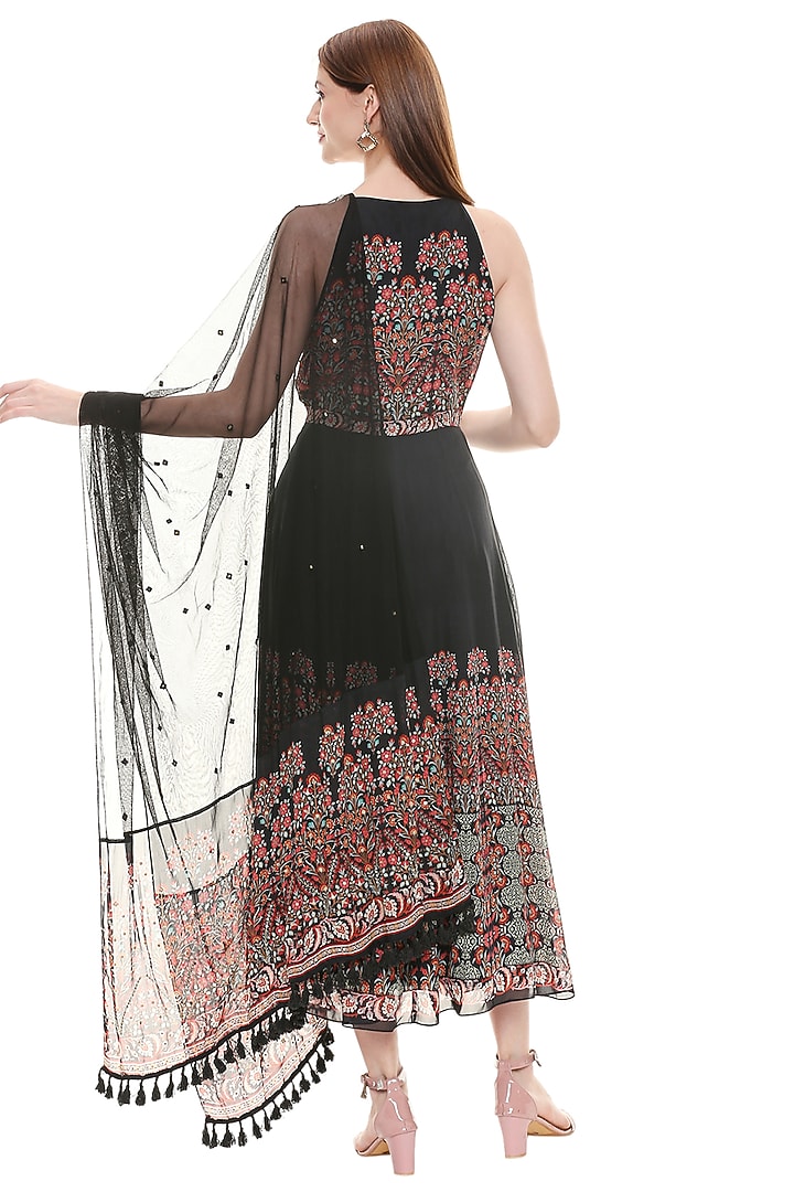 Black Printed Party Wear Anarkali With Dupatta by Soup by Sougat Paul at Pernia's Pop Up Shop