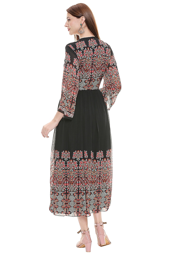 Black Printed Summer Dress With Gathers by Soup by Sougat Paul at Pernia's Pop Up Shop